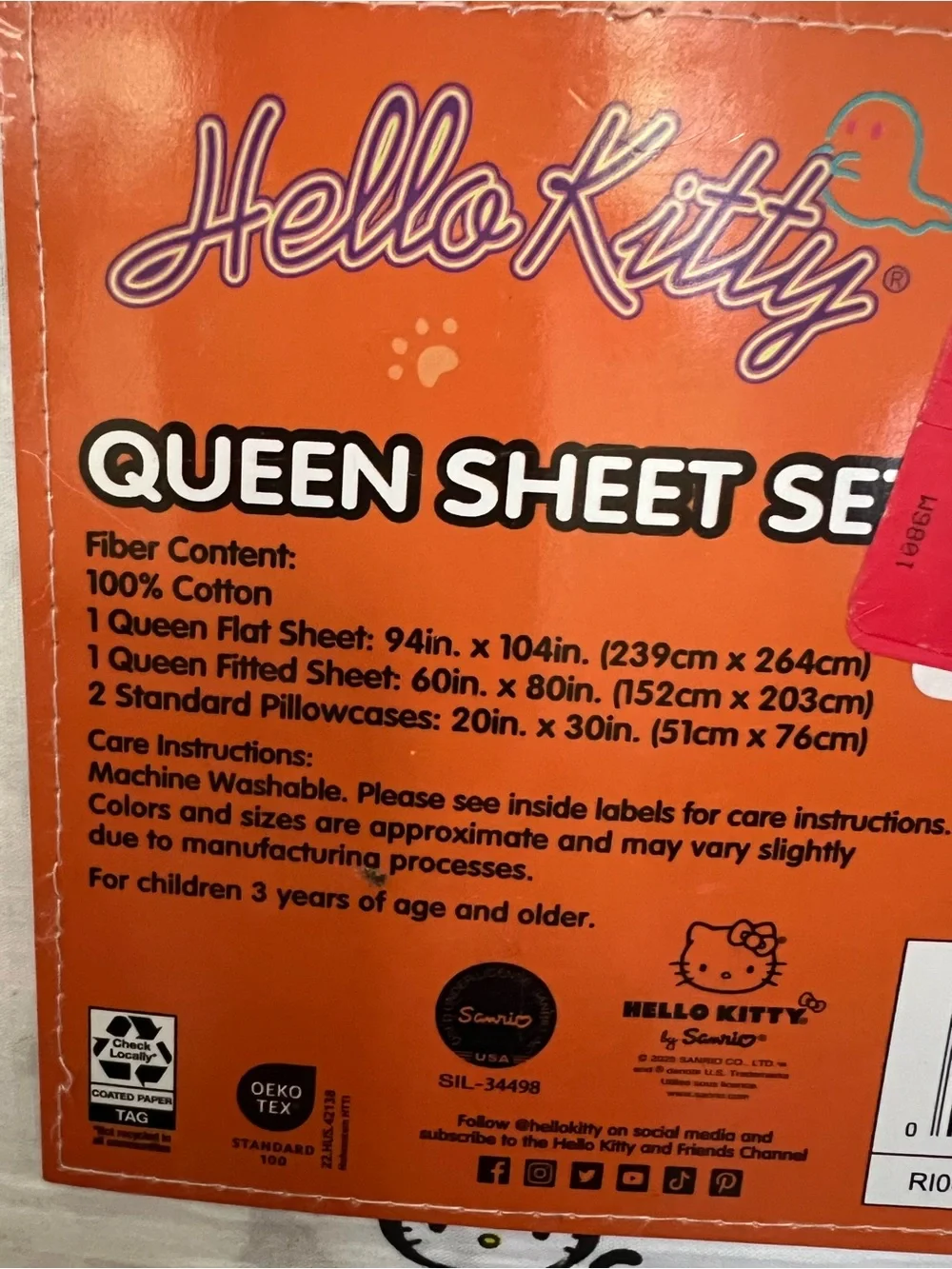 Hello Kitty Halloween Queen Sheet Set - White with Orange & Pink Accents